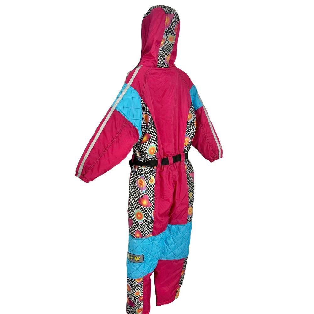 Vintage 90s Blue Pink Checkerboard Hooded Ski Suit One Piece Size S *GOOD* - Picture 14 of 16
